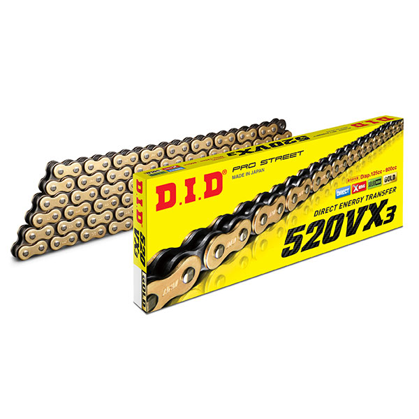 Antriebskette DID Teilung 520 enduro hochbelastbar mit X-RING 120 kettenglieder -gold 520VX3.120-CLF